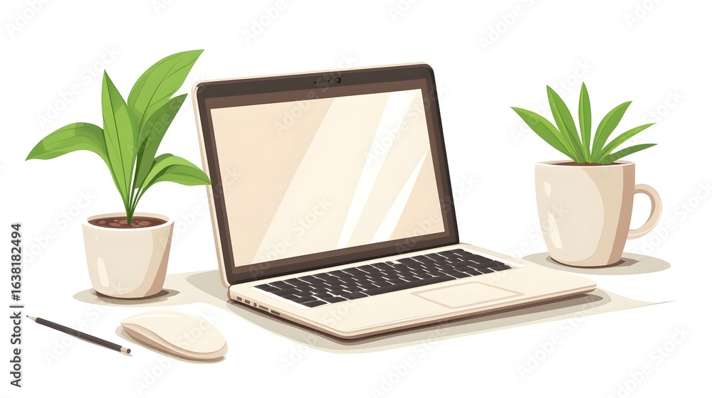 Fototapeta premium Digital illustration depicts a laptop with a blank screen, accompanied by a plant and mug on a desk.