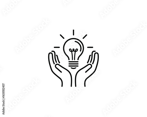 Creative idea and innovation concept. Line icon of hands holding a lightbulb as a symbol of inspiration, solution, and brainstorming.