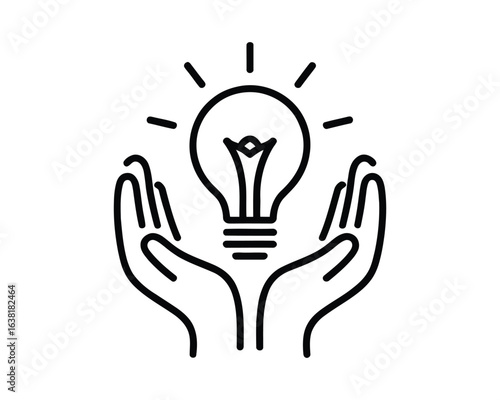 Creative idea and innovation concept. Outline vector icon of hands protecting a bright light bulb. Symbol of solution and inspiration.