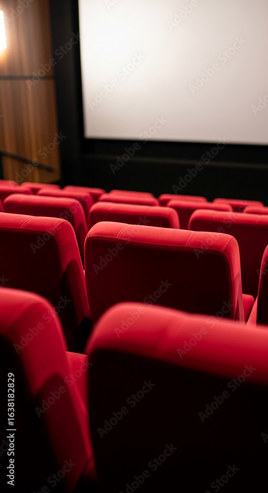 Obraz premium Rows of red velvet cinema seats facing a blank screen, showcasing a cinematic experience, representing entertainment, relaxation, and anticipation