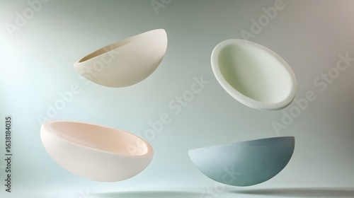 3D render of several smooth, pastel-colored, floating egg-shaped forms against a muted teal background.