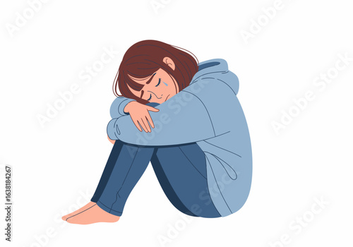 Illustration of a sad girl crying hugging knees wearing hoodie