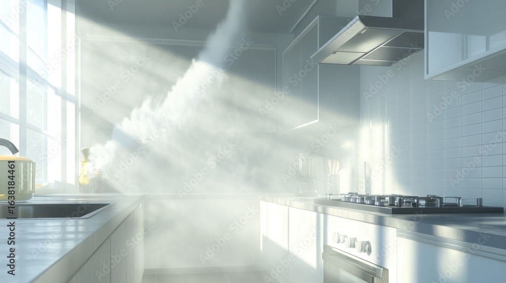 Obraz premium Sun-Drenched Kitchen: Ethereal Light Rays Illuminate Modern Interior, Creating Serene Atmosphere