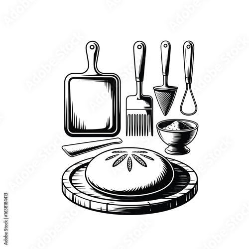 Black and white vector illustration of Iranian sangak bread tools including stone baking board, scraper, dough spreader, sesame scoop, and flour sieve
