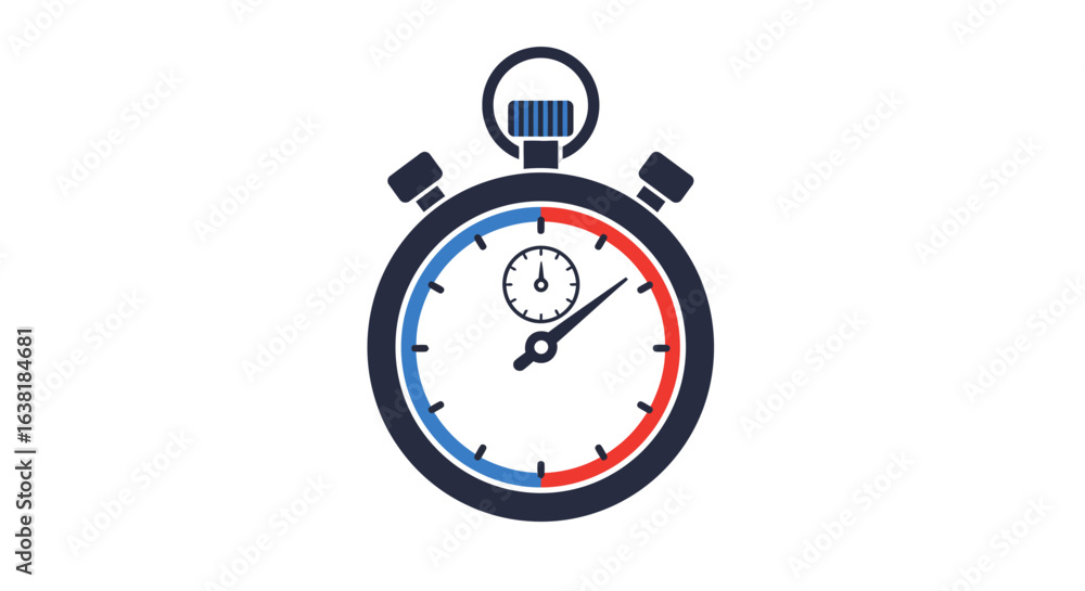 Stylized Stopwatch with Blue and Red Accents, Indicating Time Division Stylized Stopwatch with Blue and Red Accents, Indicating Time Division