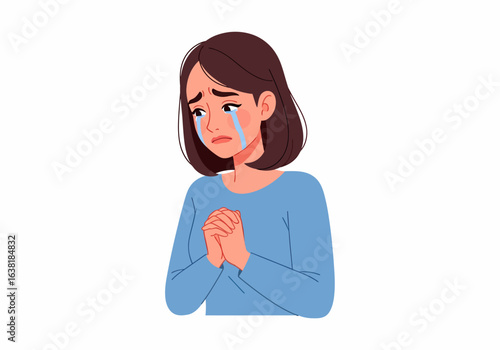 Sad woman crying with hands clasped in despair