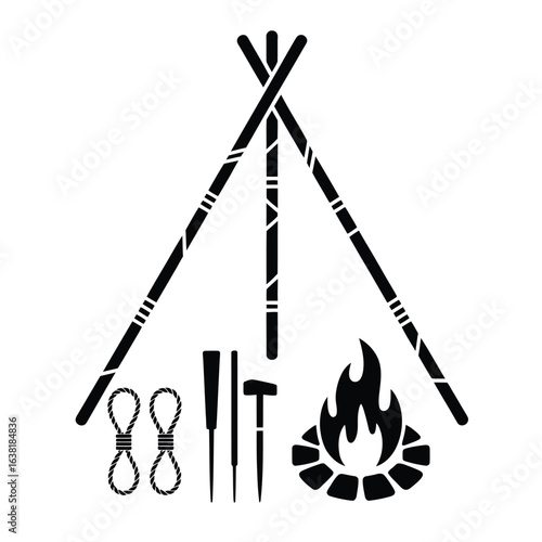 Black and white vector illustration of Sami tent lavvu toolkit with tripod poles, canvas cover, peg set, rope ties, and fire ring stones
