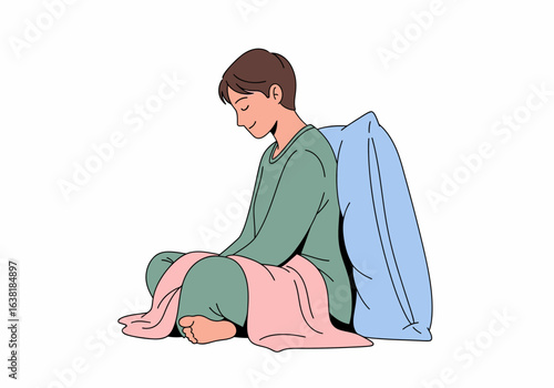 Flat illustration young man sitting peacefully wrapped in a pink blanket