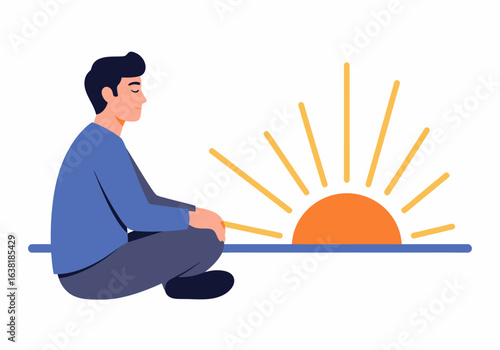 Flat vector man meditating sunrise over water