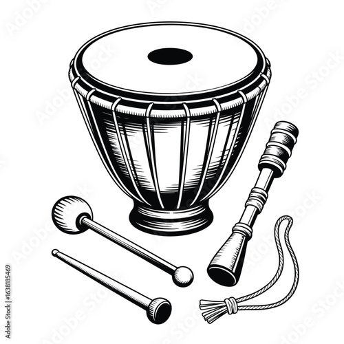 Black and white vector set of Irish bodhrán drum tools including goatskin sheet, wooden frame, tuning key, tipper stick, and tightening rope