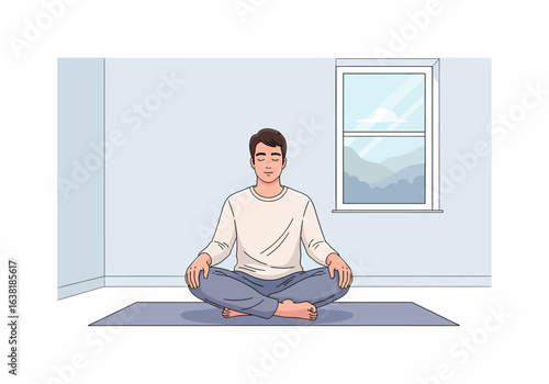 Illustration of man meditating peacefully on yoga mat
