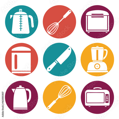Collection of kitchen utensil and appliance icons isolated on white background