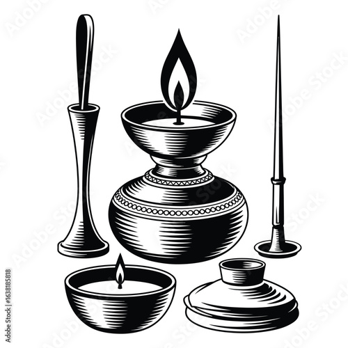 Black and white vector set of Nepali butter lamp crafting tools including copper cup, wax pot, wick holder, flame snuffer, and polishing rag