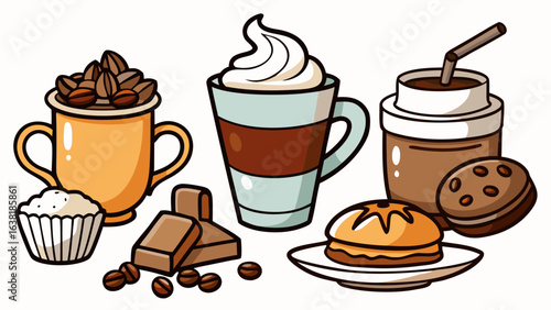 Collection of illustrated coffee drinks and pastries with coffee beans and chocolate cappuccino