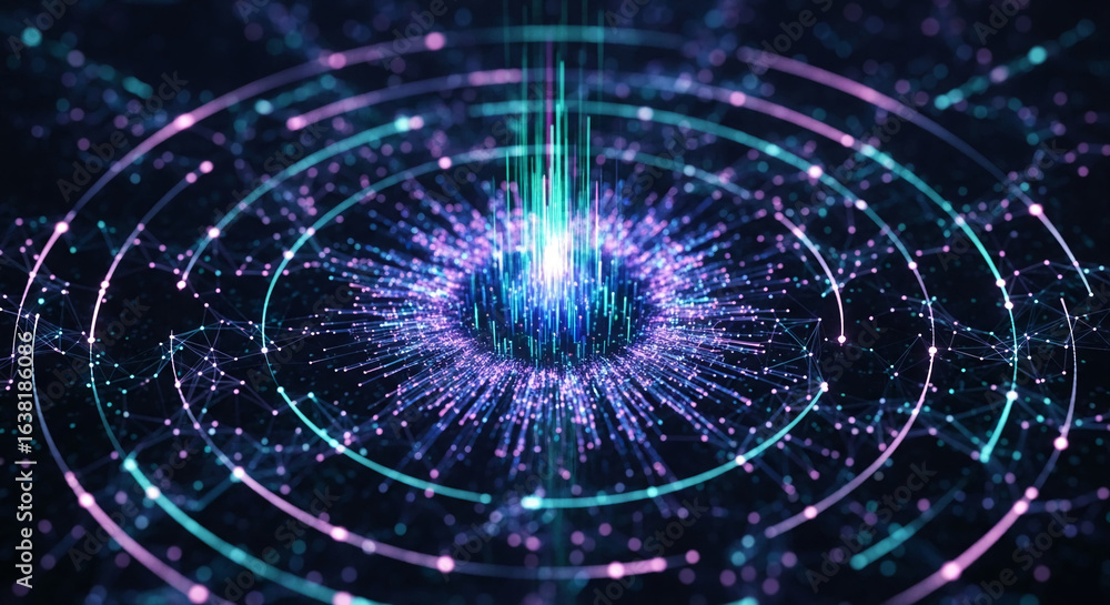 Obraz premium Abstract digital artwork featuring glowing lines and particles forming concentric circles, symbolizing connection, data flow, or technological innovation
