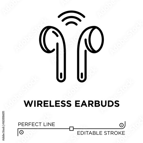Vector line icon related to wireless earbuds. Perfect Line. Editable Stroke.