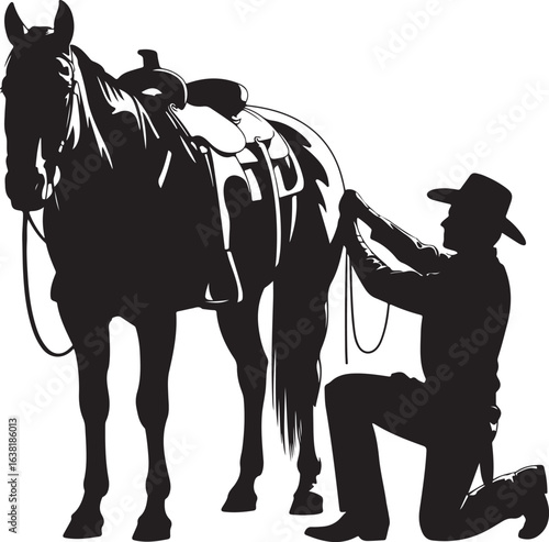 Black Silhouette of a Cowboy Kneeling Beside a Horse Tightening the Saddle Strap Isolated on White Background