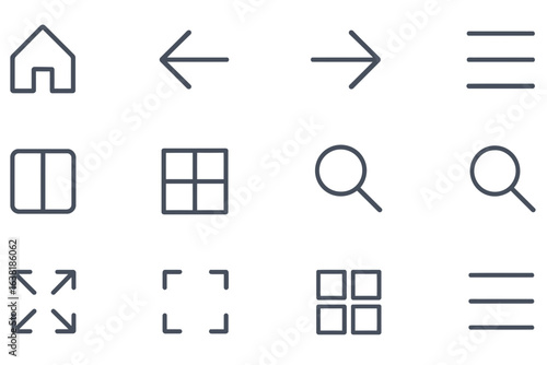 Collection of twelve dark grey outline icons on a white background including home arrow search and menu symbols