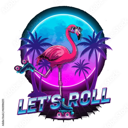 Retro Flamingo on Roller Skates with Palm Trees and Neon Moon rollerblades