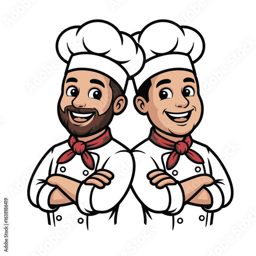 Cartoon vector of two cheerful chefs in white uniforms and hats, one bearded with arms crossed, the other smiling widely, mascot style