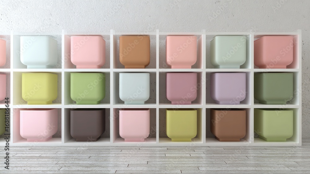 Fototapeta premium Modern cube-shaped storage bins placed next to each other with uniform spacing