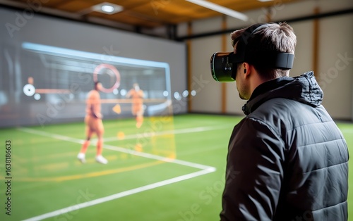 A person wearing a virtual reality headset observes a digital soccer simulation on a large screen, blending technology and sports for an immersive experience in a training environm