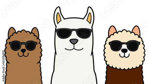 Three cute cartoon llamas wearing sunglasses on a white background alpaca