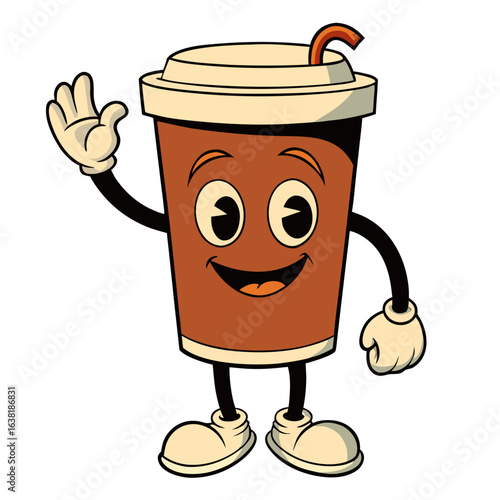 Cheerful cartoon coffee cup character waving hello with a friendly smile anthropomorphic