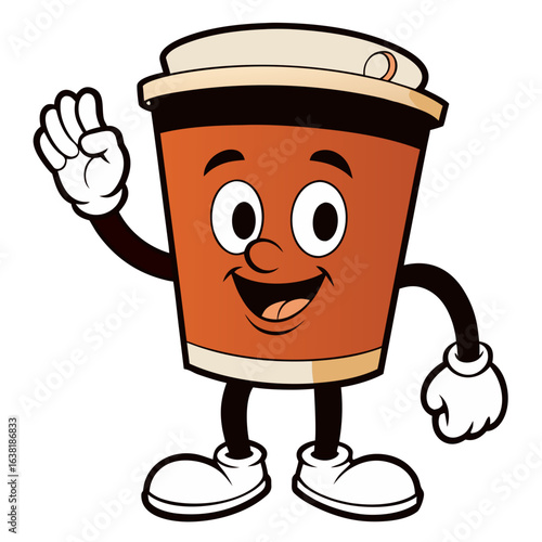 Cheerful cartoon coffee cup character waving hello with a friendly smile anthropomorphic 1