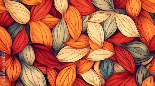 Digital illustration of overlapping, stylized leaves in warm autumnal tones.