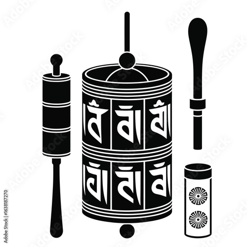 Tibetan prayer wheel toolkit with cylindrical drum, mantra paper, spinner rod, handle, glue, and stenciled design illustration