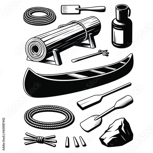 Traditional canoe-making toolkit with hollow log, carving chisel, smoothing rock, rope, wooden pegs, and water sealant vector