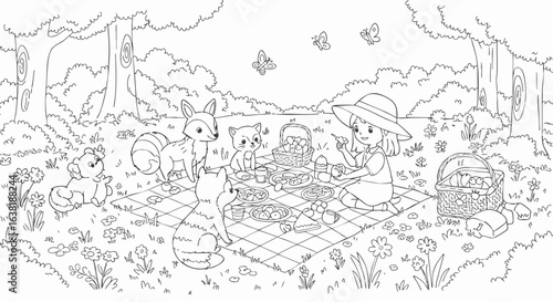 Whimsical line art illustration of a young girl enjoying a picnic tea party in the woods with her cute animal friends, a fox, cat, and raccoon.