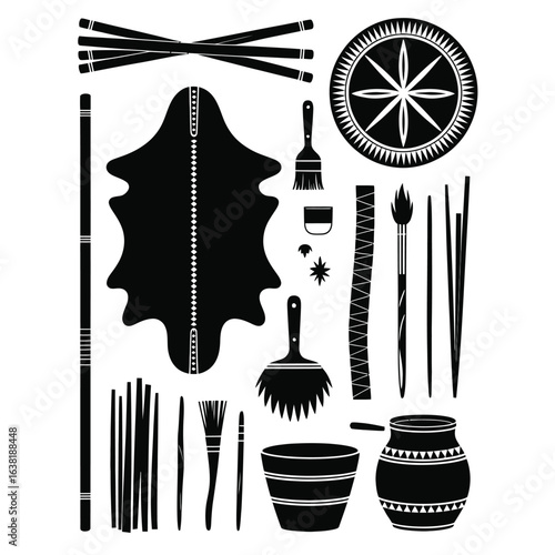 Zulu traditional shield crafting set with cowhide, wooden sticks, leather strips, painting brush, shaping mold, and dye pot black and white vector