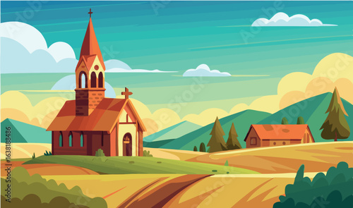 Vsai idyllic countryside landscape with church, farm, and rolling hills at sunset