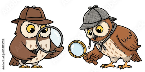 Two Owls in Detective Outfits with Magnifying Glasses, Isolated on Transparent Background