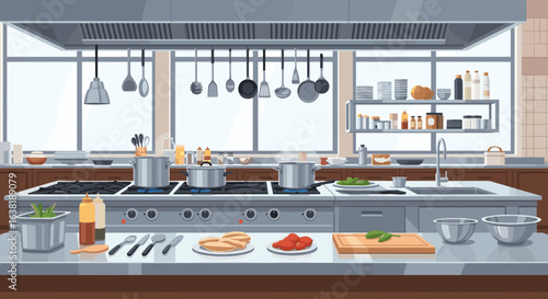 Professional chef's kitchen with stainless steel appliances and cooking utensils ready for meal preparation