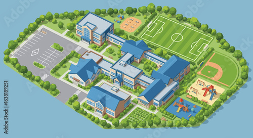 Detailed school layout design showcasing building architecture, playground equipment, and sports fields