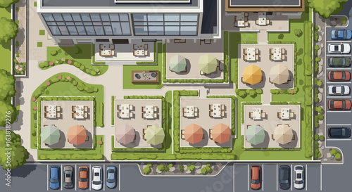 Stunning aerial view of modern office park with inviting outdoor dining and seating areas for employees