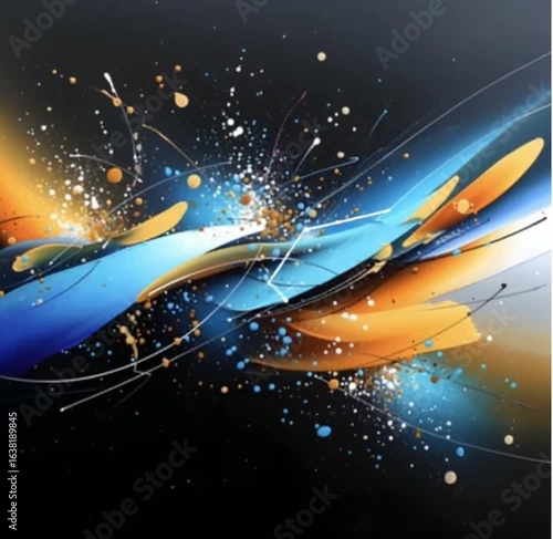 Abstract background with blue, orange, and yellow splashes on black. Vector illustration of graffiti art design with dynamic lines and dots. 
