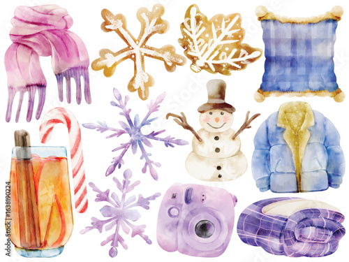 Watercolor Winter Cozy Clip Art Set Hand Painted Scarf Snowflake Cookie Jacket Pillow Blanket Snowman Hot Drink Camera Illustration