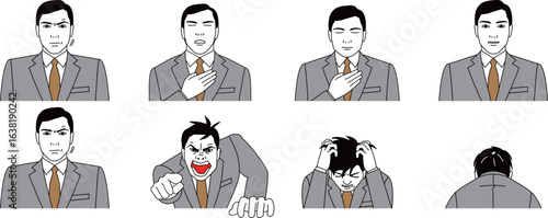 激怒するビジネスマン。深呼吸して怒りを収めるビジネスマン。怒りをコントロールするイラスト