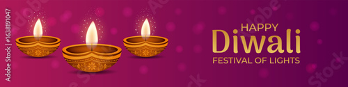 Happy Diwali. Festival of Lights horizontal banner with oil lamps and pink background with bokeh effect. Vector illustration.