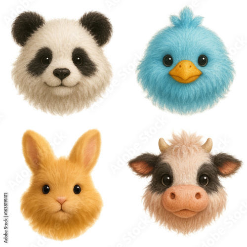 A delightful collection of four 3D plush-style animal heads including a panda, blue bird, rabbit, and cow, each designed with soft textures and expressive eyes for an adorable appearance.