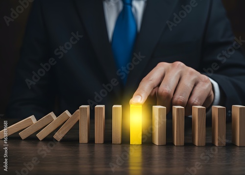 Businessman with a touch stops process of falling dominoes. Successful strong business and solve all accumulated problems. Stop destructive processes. Risk management concept. Debt restructuring