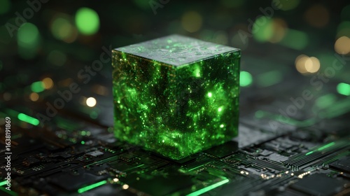 glowing green cube circuit board