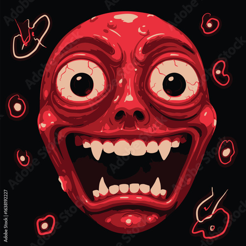 Intense vector illustration of a grotesque red monster face, screaming with wide eyes and sharp fangs. An unsettling and eerie creature design on a dark background