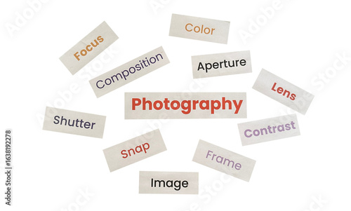 Photography Word Collage PNG – Creative Paper Cutout Style for Visual Artists