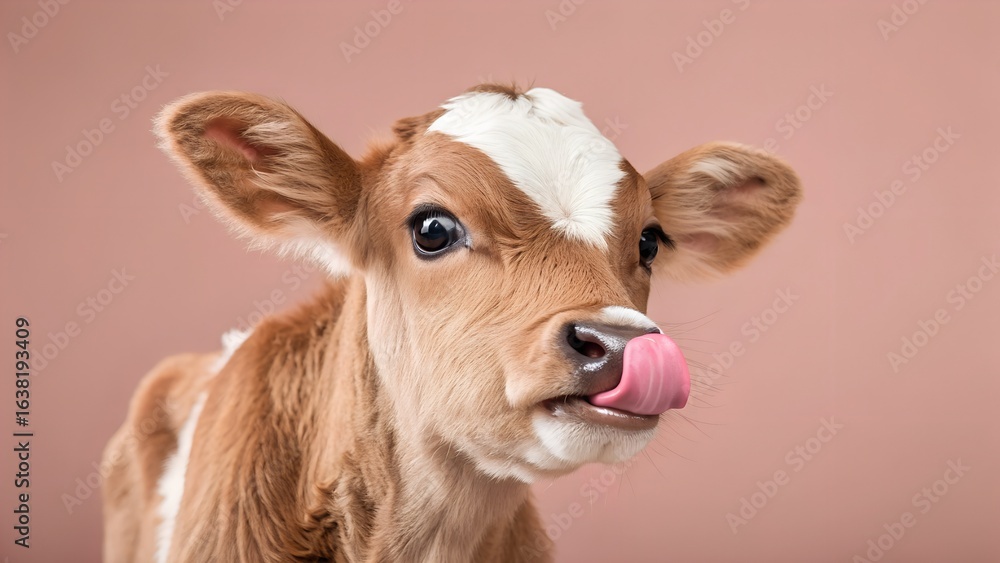 Obraz premium A cute brown and white calf with big eyes is licking its pink nose in a professional studio environment.
