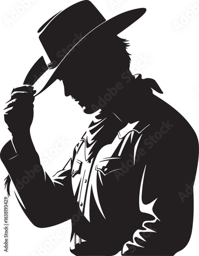 Black Silhouette of a Cowboy Tipping His Wide-Brim Hat, Isolated on White Background
